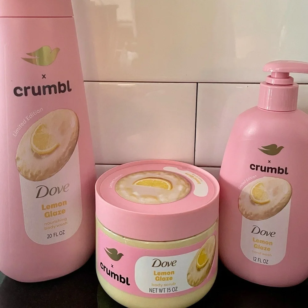 New! Bundle of 3 Dove x Crumbl Lemon Glaze Bath & Body Set soap wash scrub